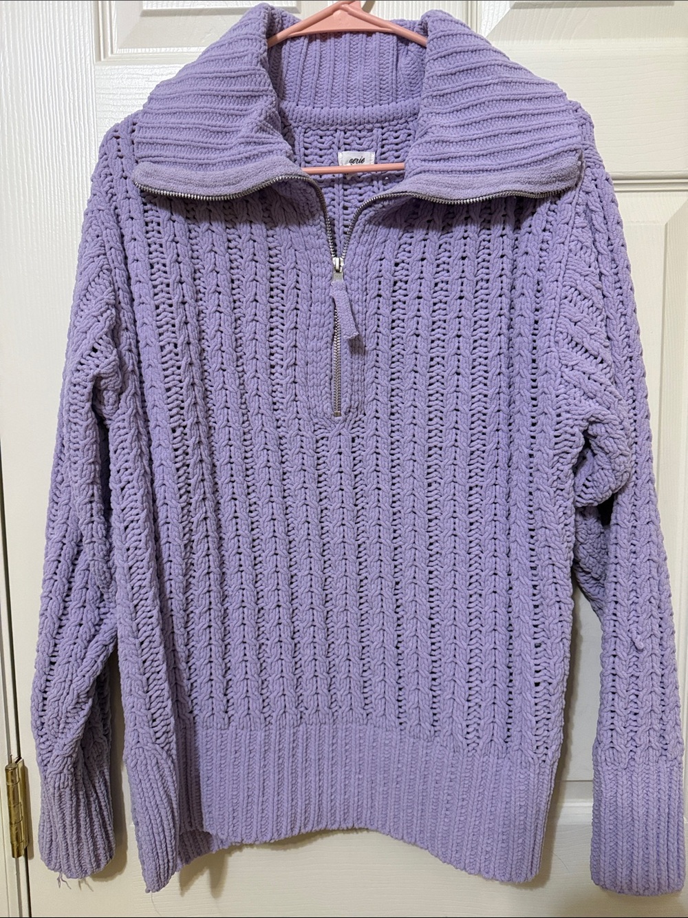 aerie Lavender Zip-Front Cable Knit Turtleneck Sweater